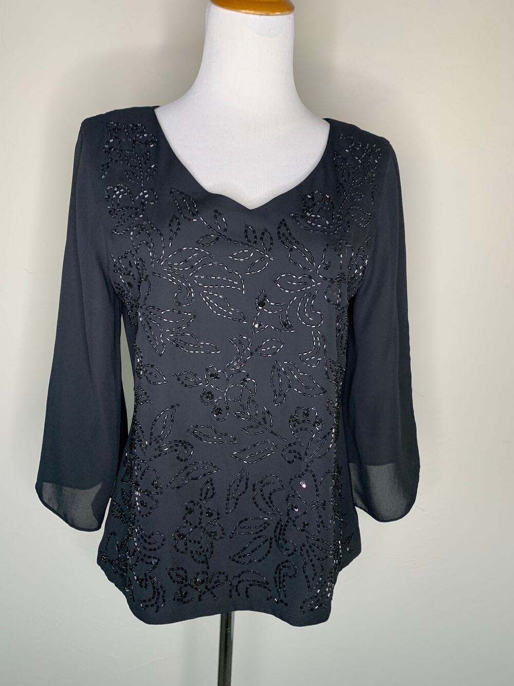 Black Beaded Blouse Formal Wedding Bell Sleeve Sz 8